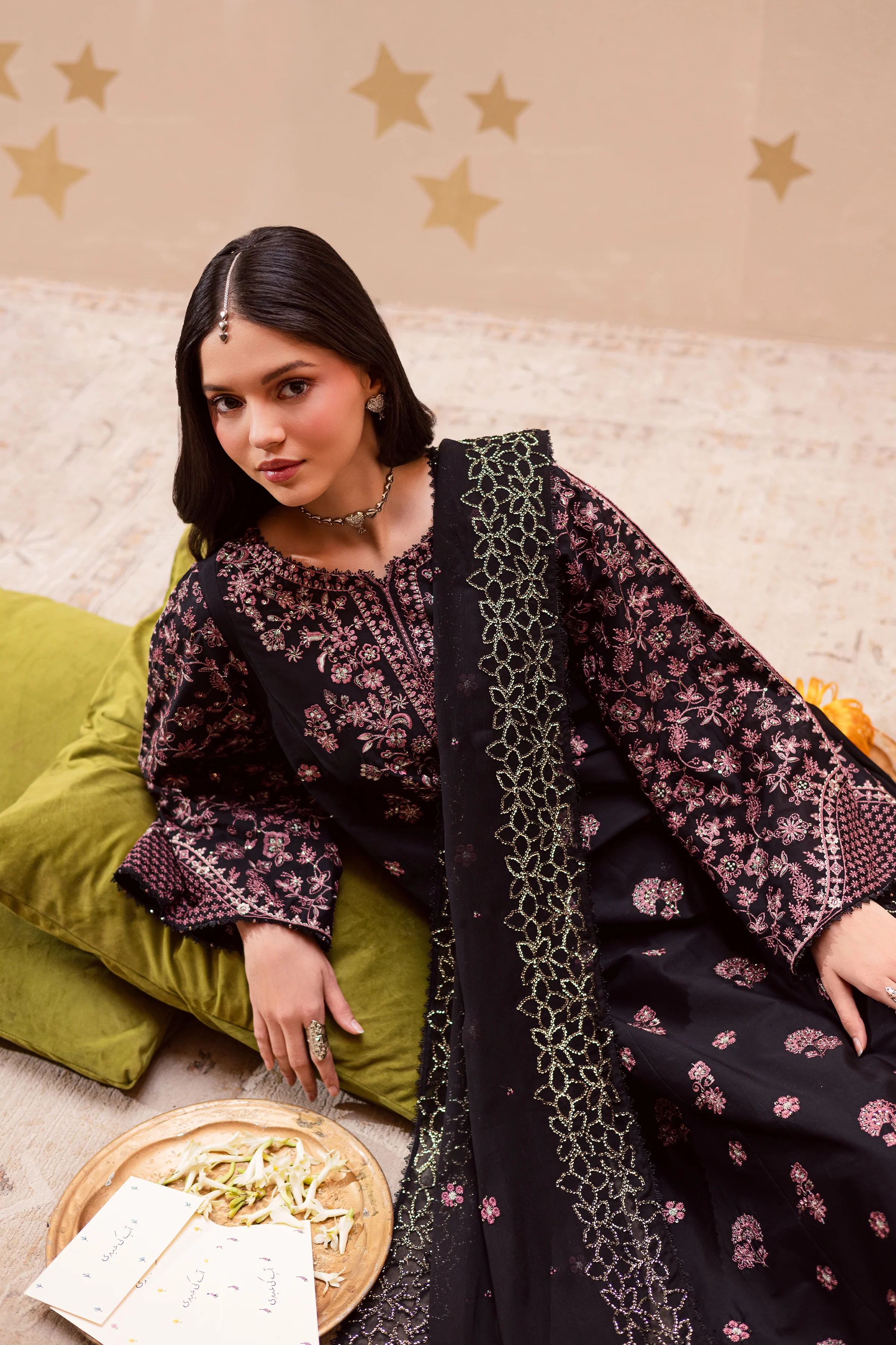 Black Sakura 3Pc - Festive Embroidered Lawn - Image 2