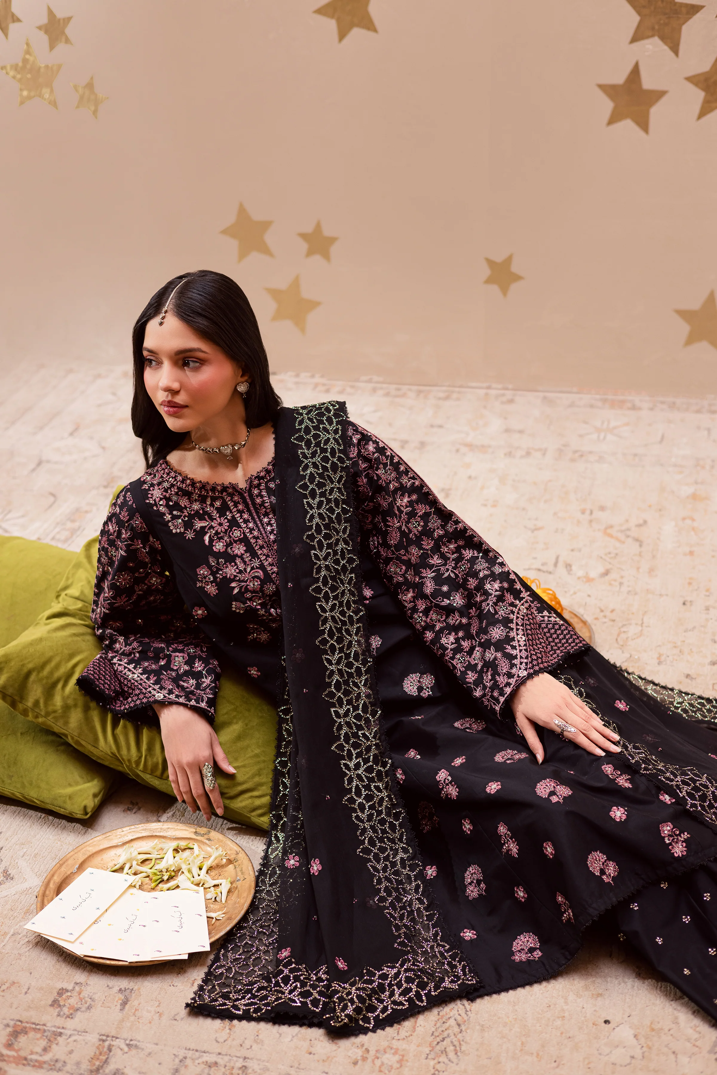 Black Sakura 3Pc - Festive Embroidered Lawn - Image 5