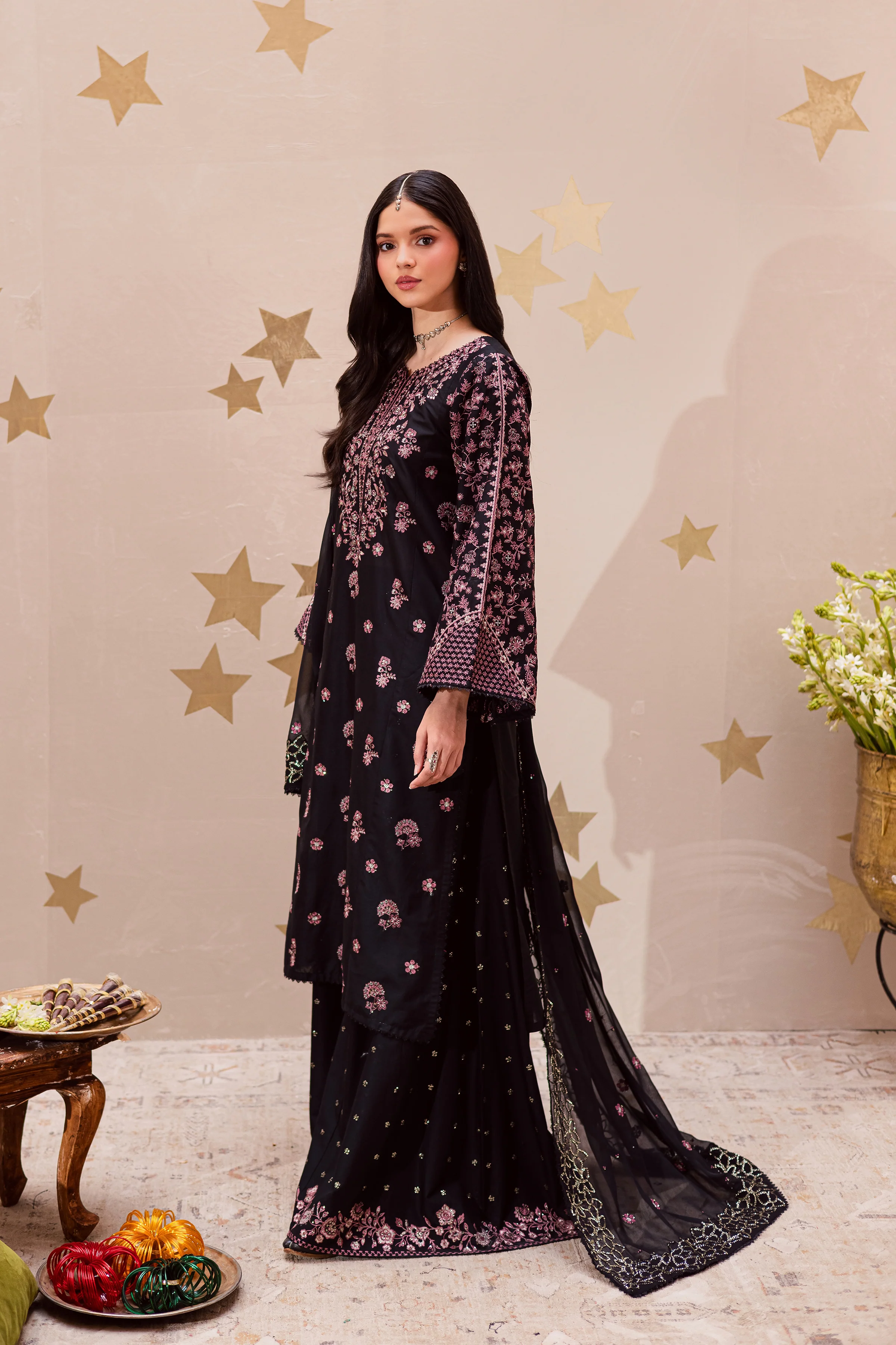 Black Sakura 3Pc - Festive Embroidered Lawn - Image 6