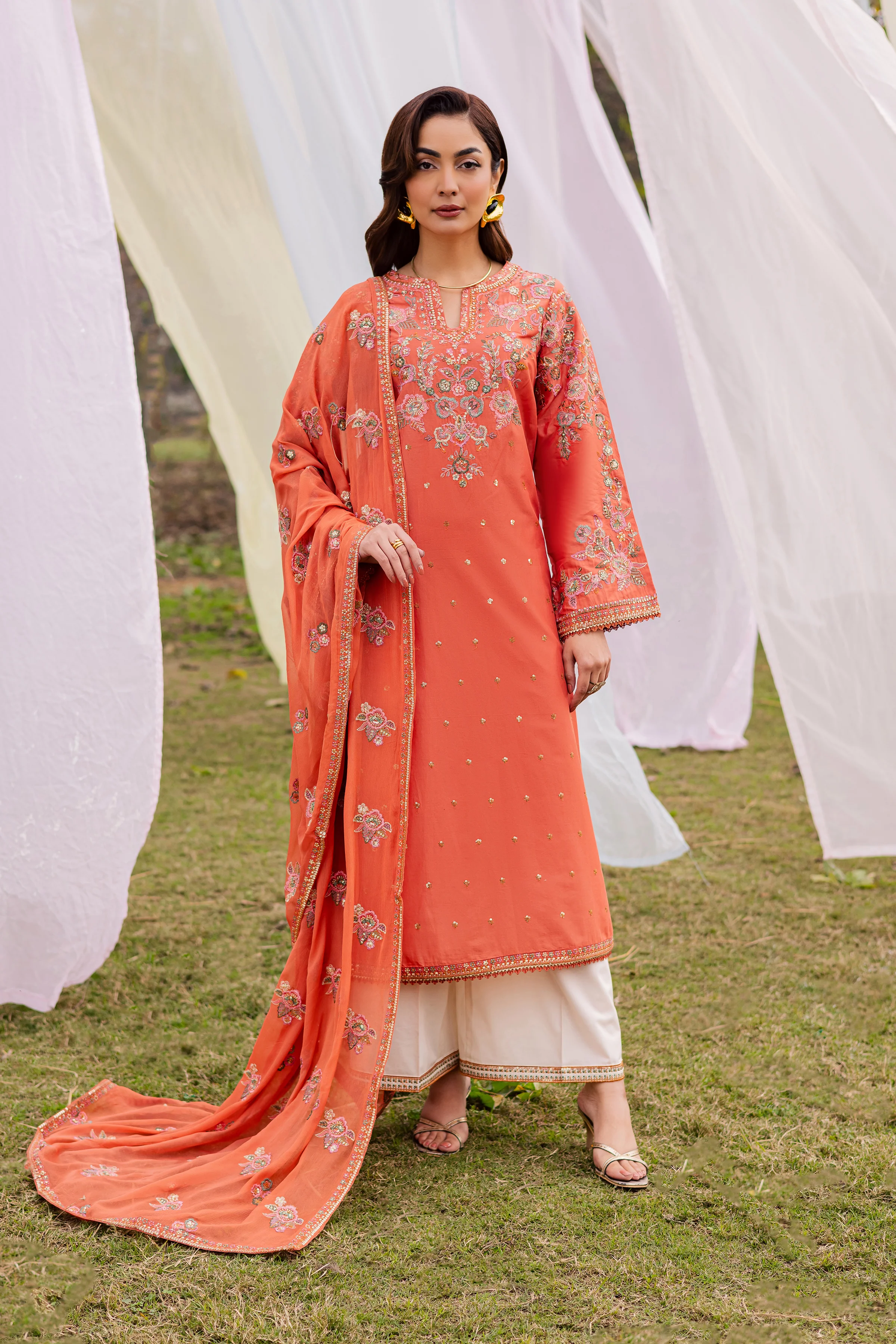 Burnt Orange 3Pc - Festive Embroidered Lawn - Image 5