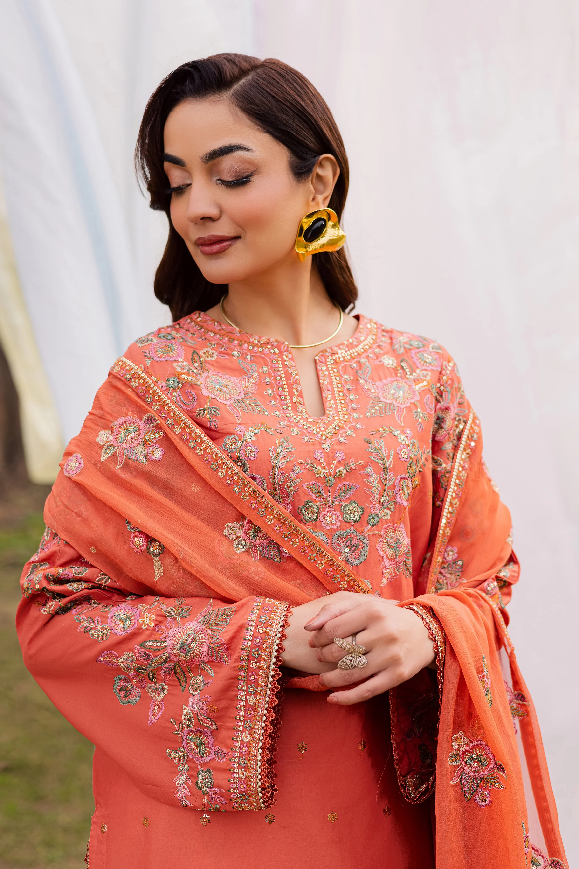 Burnt Orange 3Pc - Festive Embroidered Lawn - Image 6