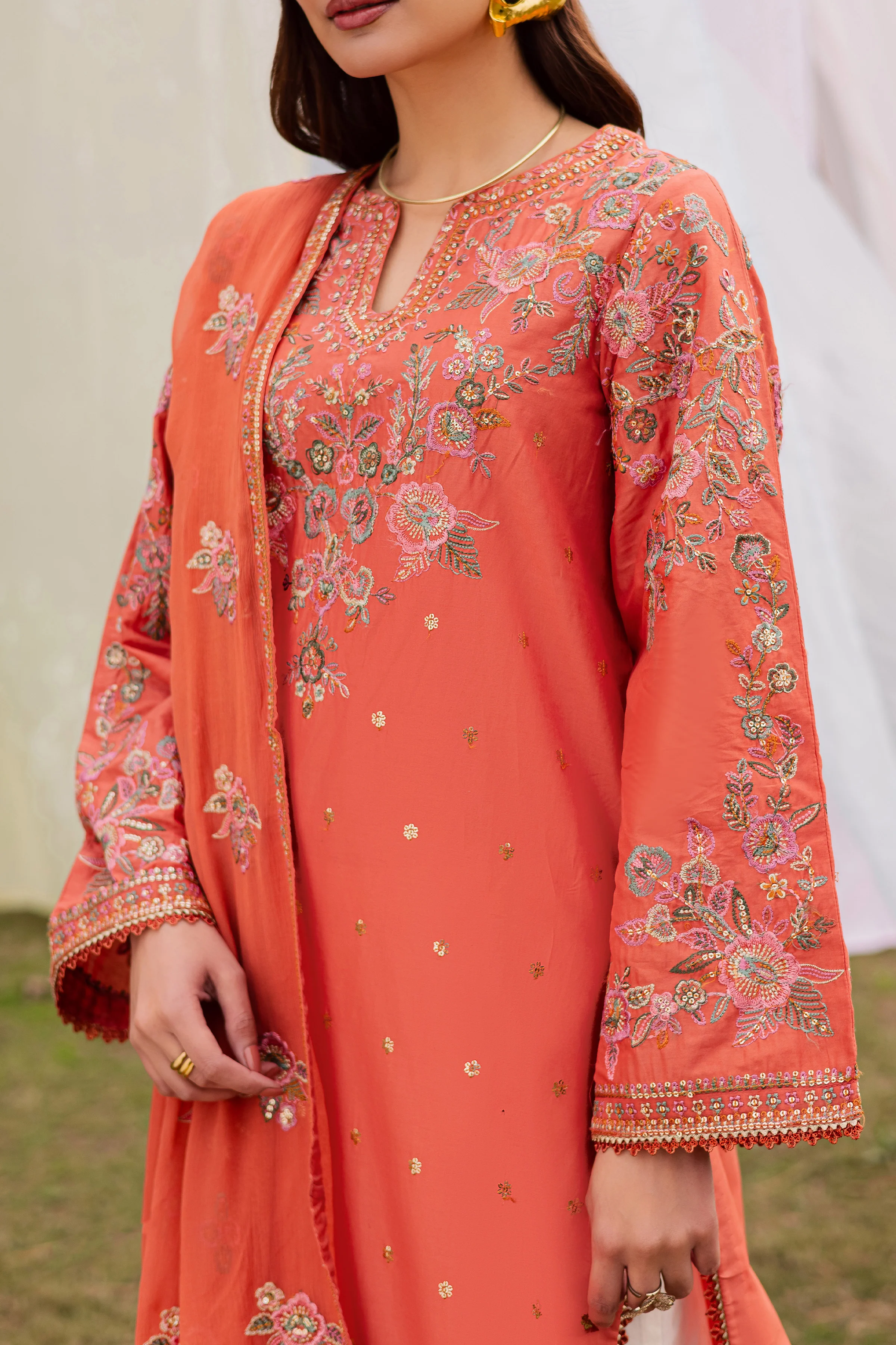 Burnt Orange 3Pc - Festive Embroidered Lawn - Image 7