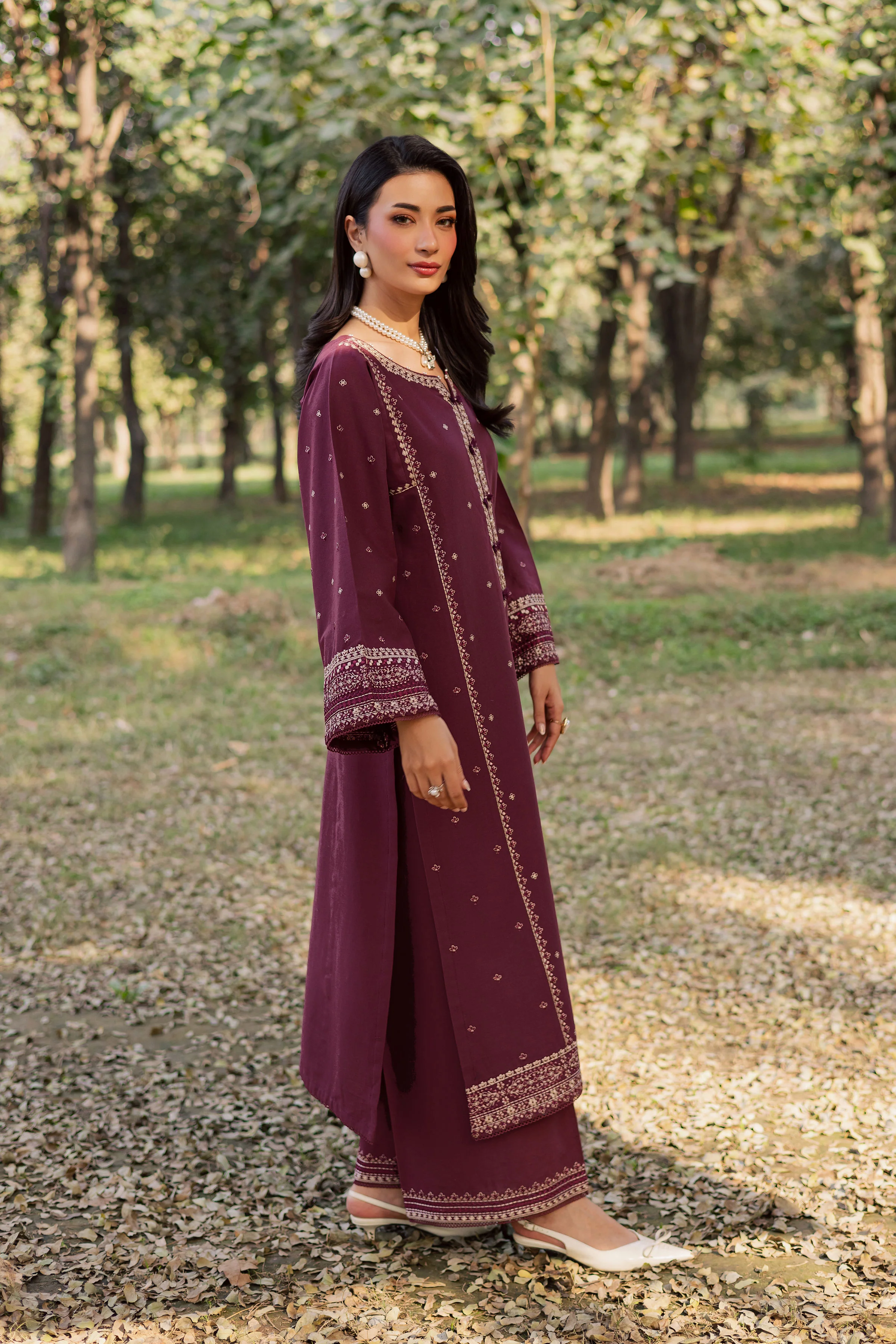 Deep Mauve 2Pc - Embroidered Khaddar Dress - Image 6