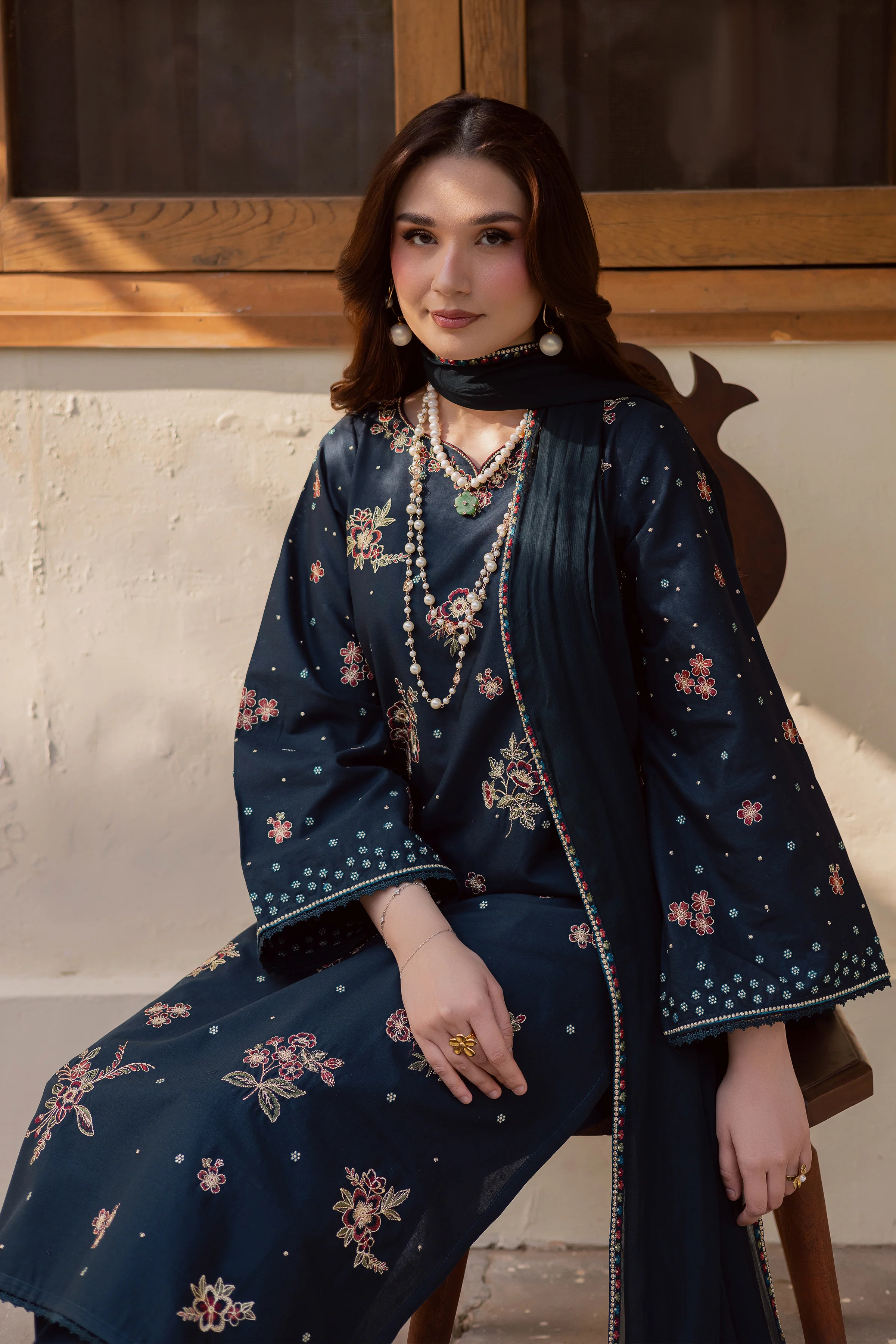 Gold Ocean 3Pc - Embroidered Khaddar Dress - Image 2