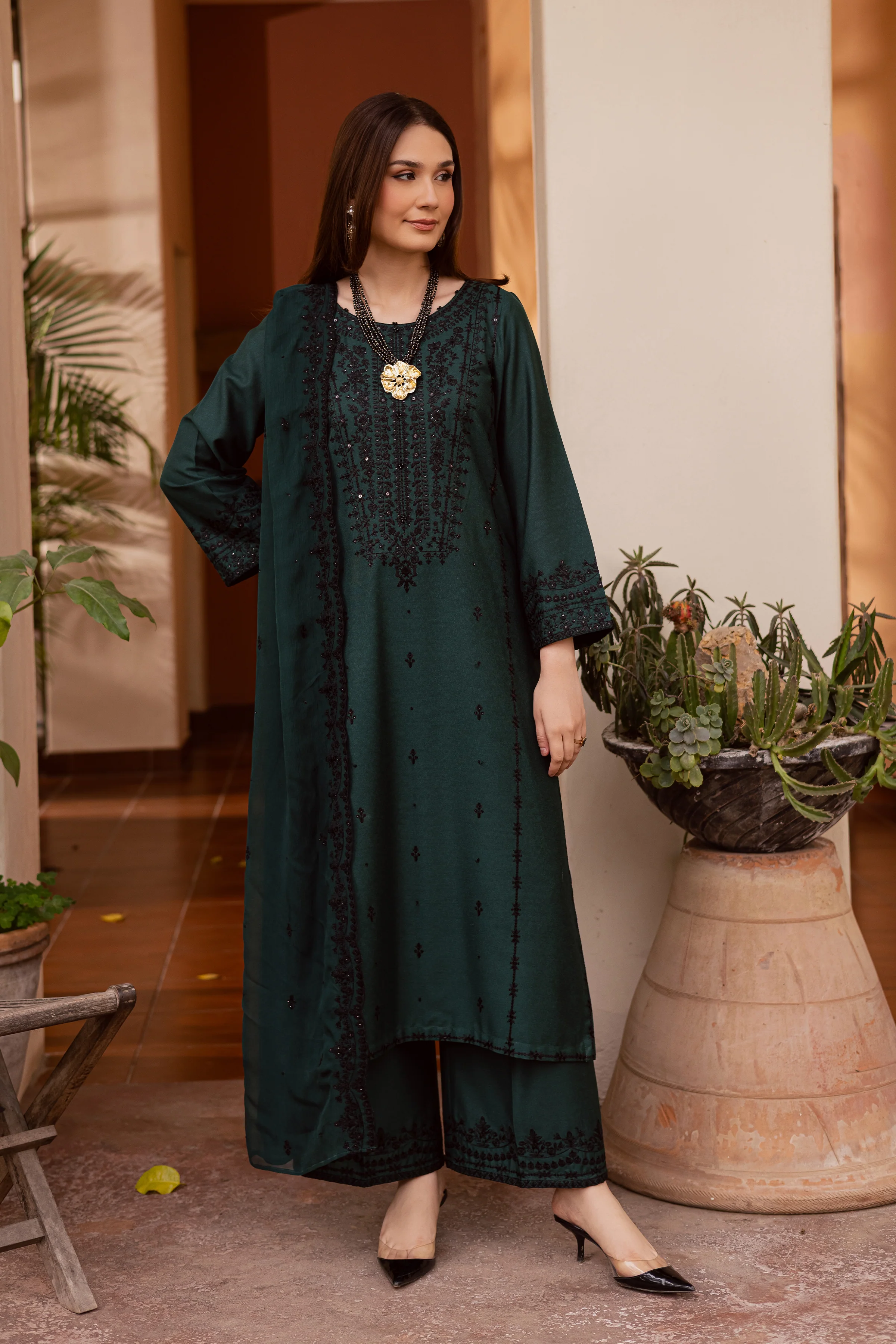 Green Lamia 3Pc - Embroidered Festive Pret - Image 3