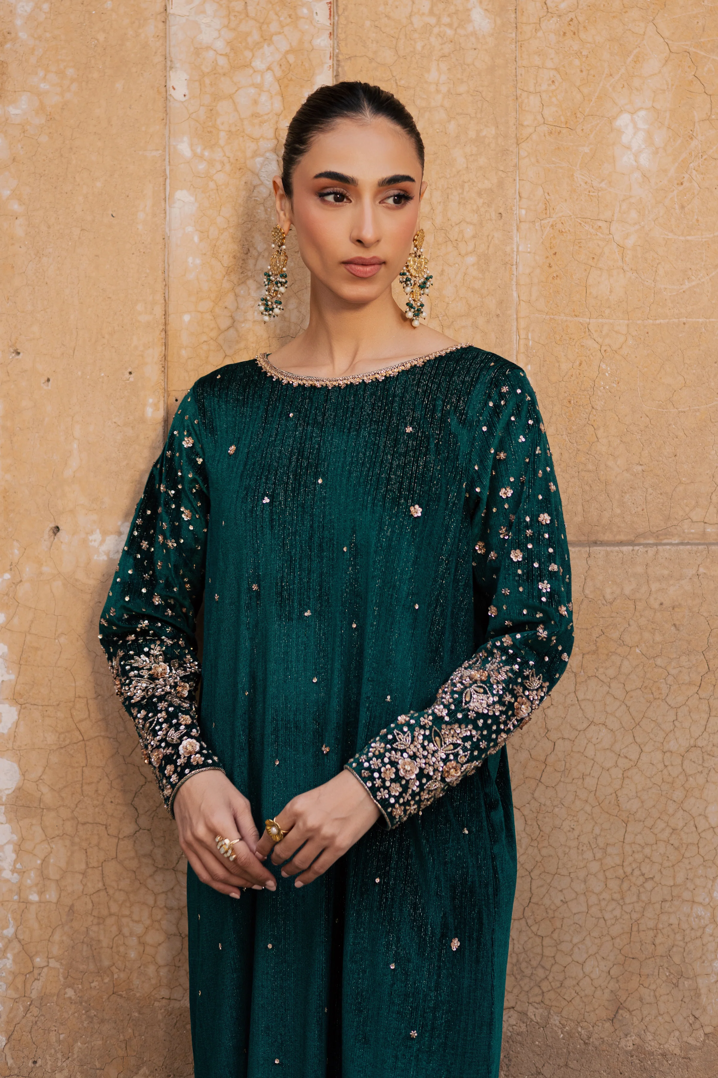Green Mandana 2Pc - Velvet Formal Dress - Image 5