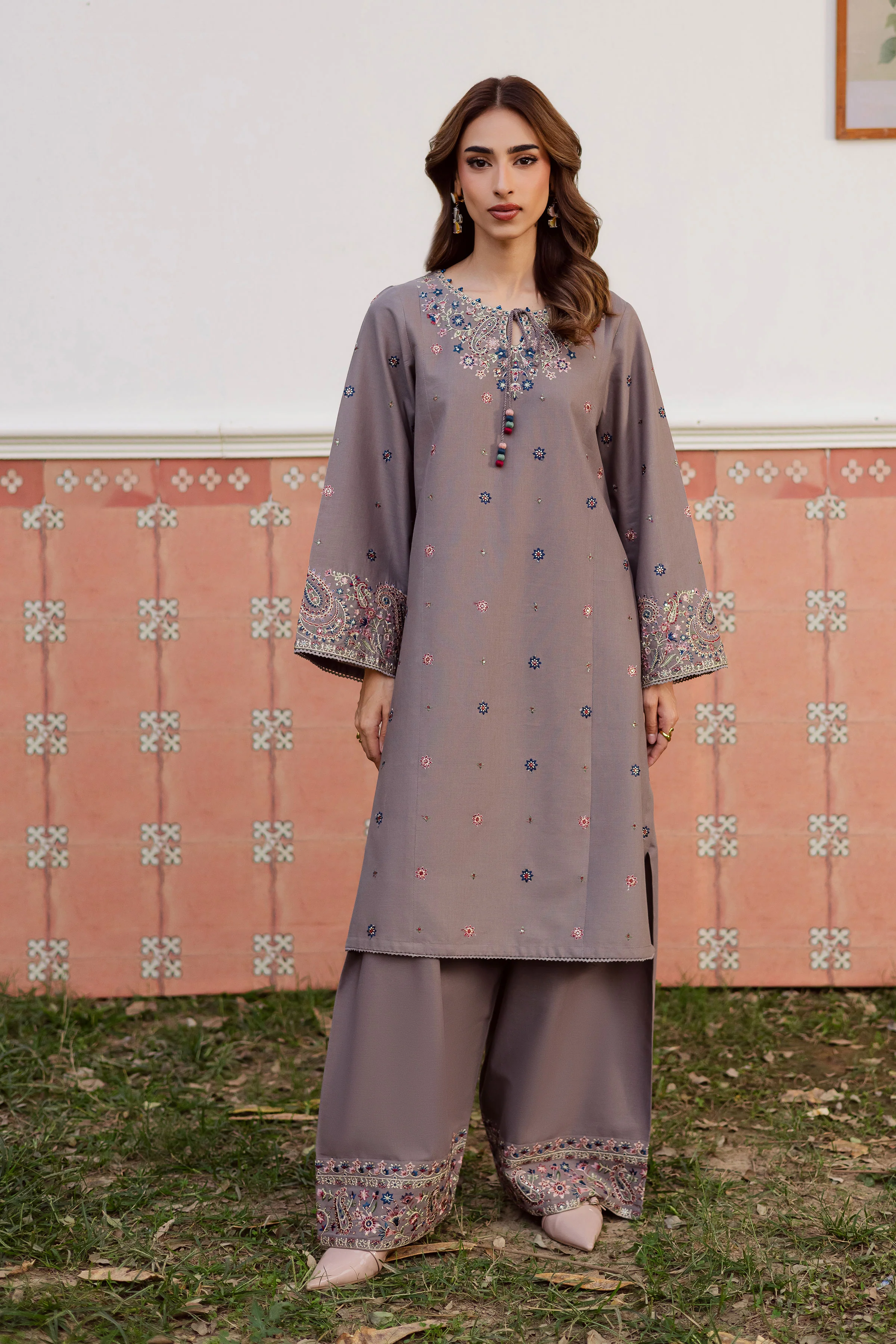 Grey Riha 2Pc - Embroidered Khaddar Dress