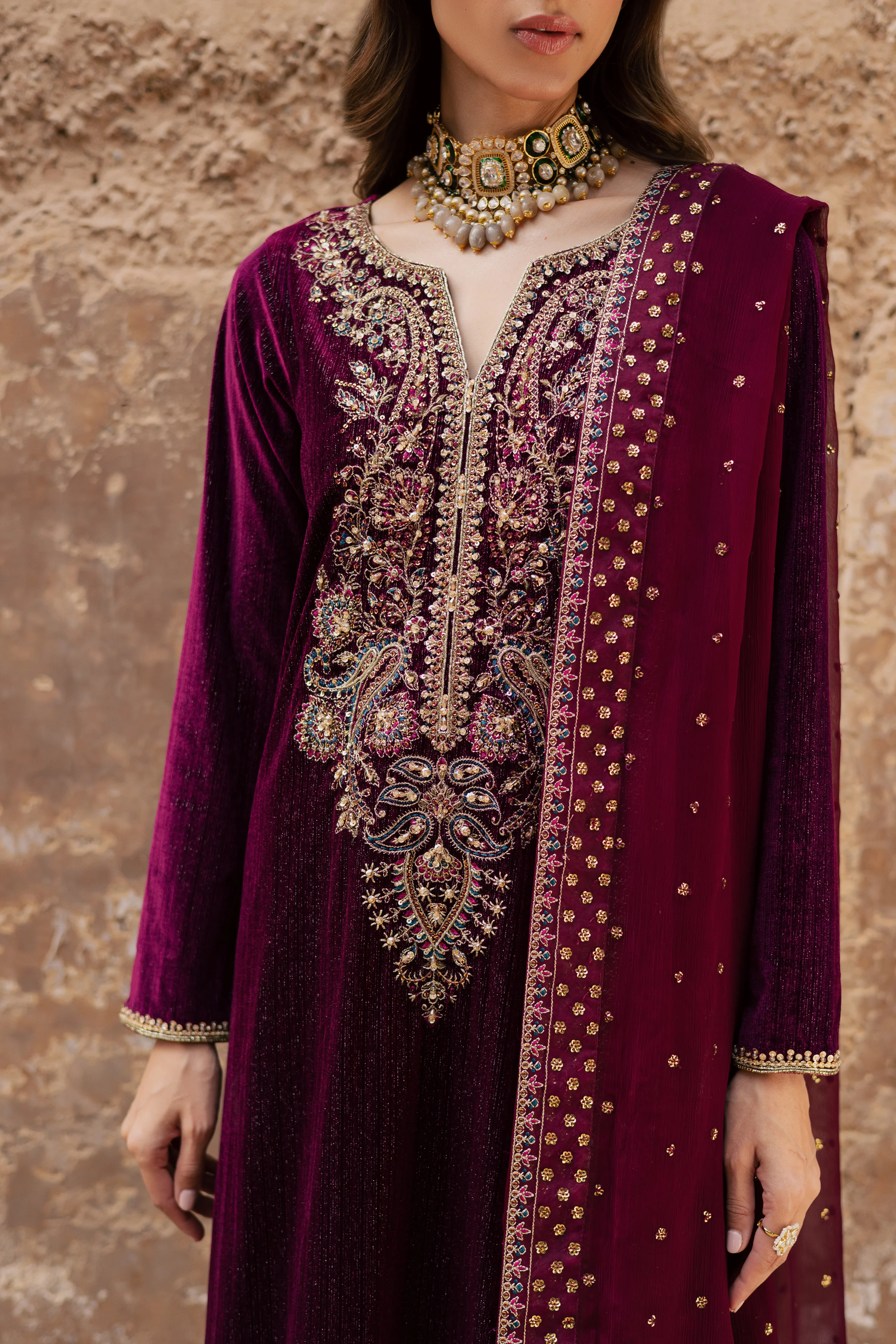 Maroon Aylin 3Pc - Velvet Formal Dress - Image 5