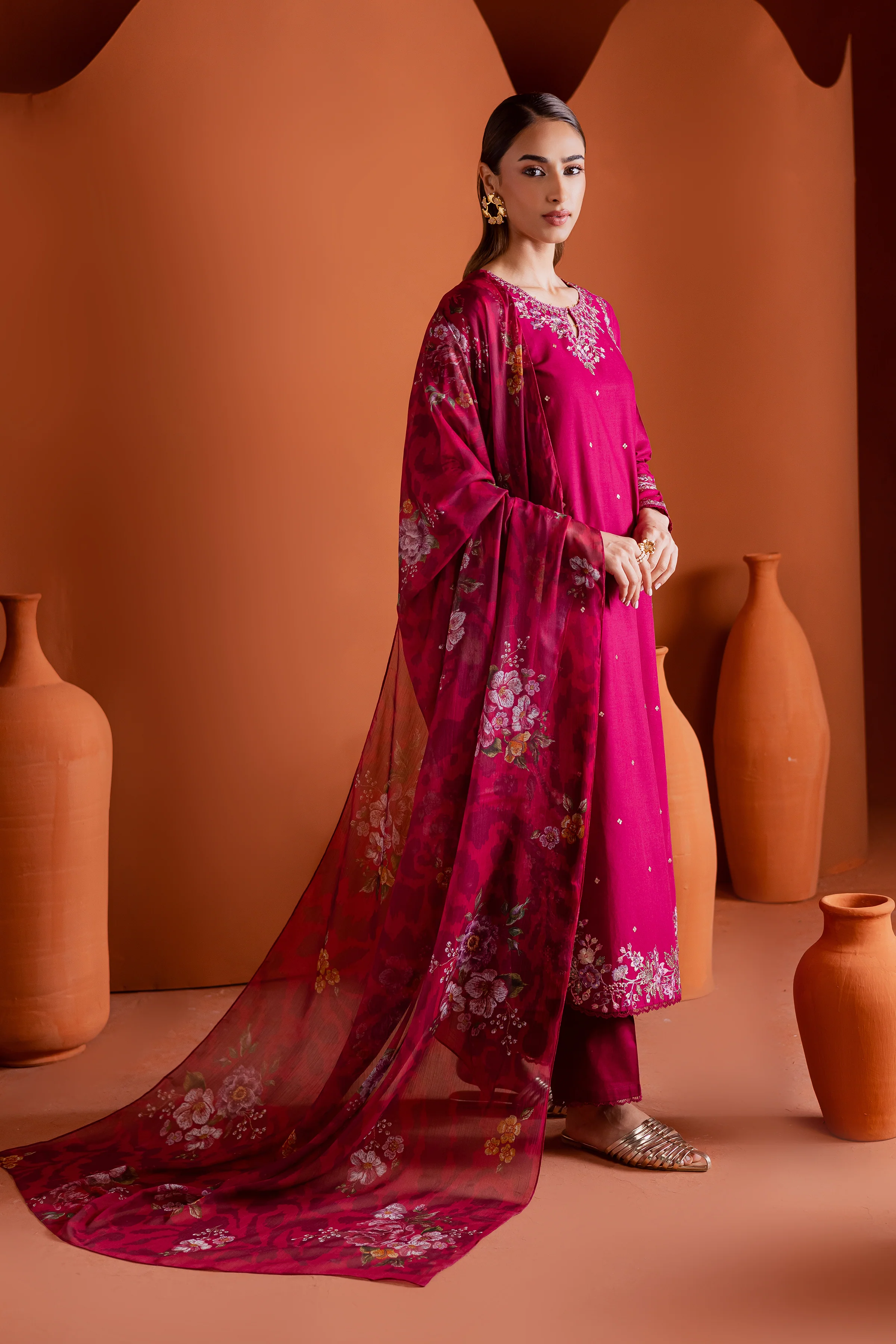 Pink Inizio 3Pc - Embroidered Khaddar Dress - Image 3