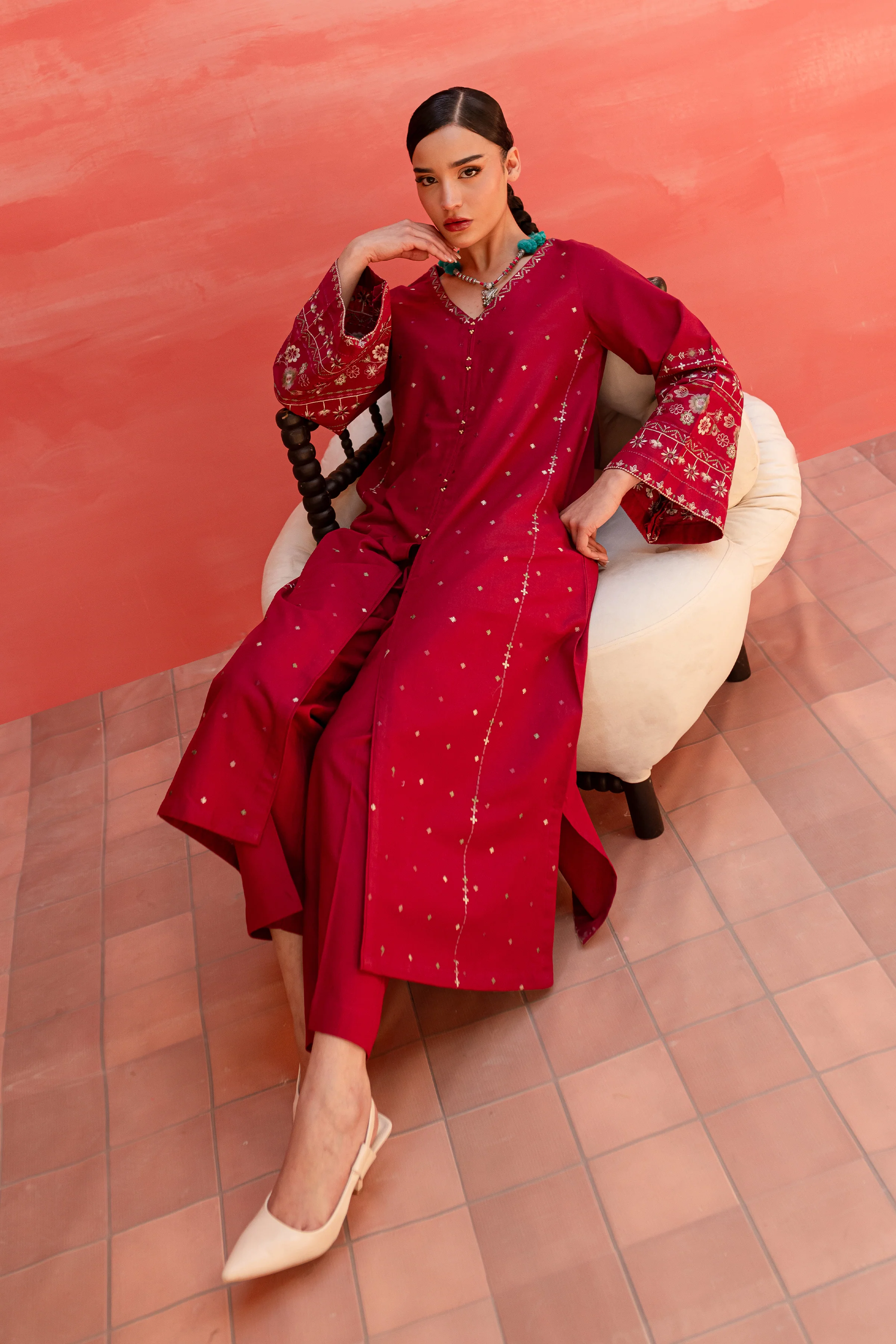 Pink Outfit 2Pc - Embroidered Khaddar Dress - Image 7