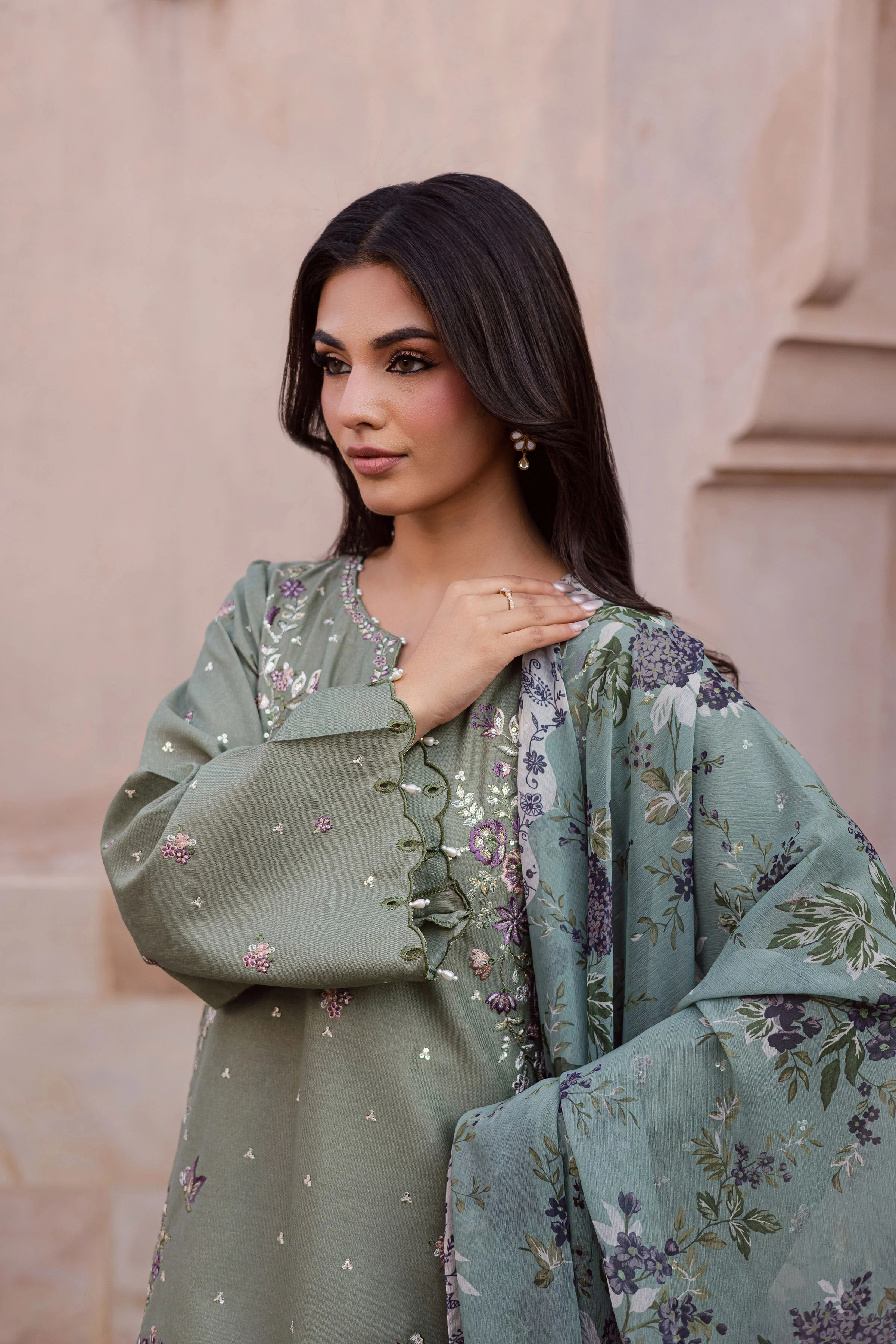 Sage Flower 3Pc - Embroidered Karandi Dress - Image 7