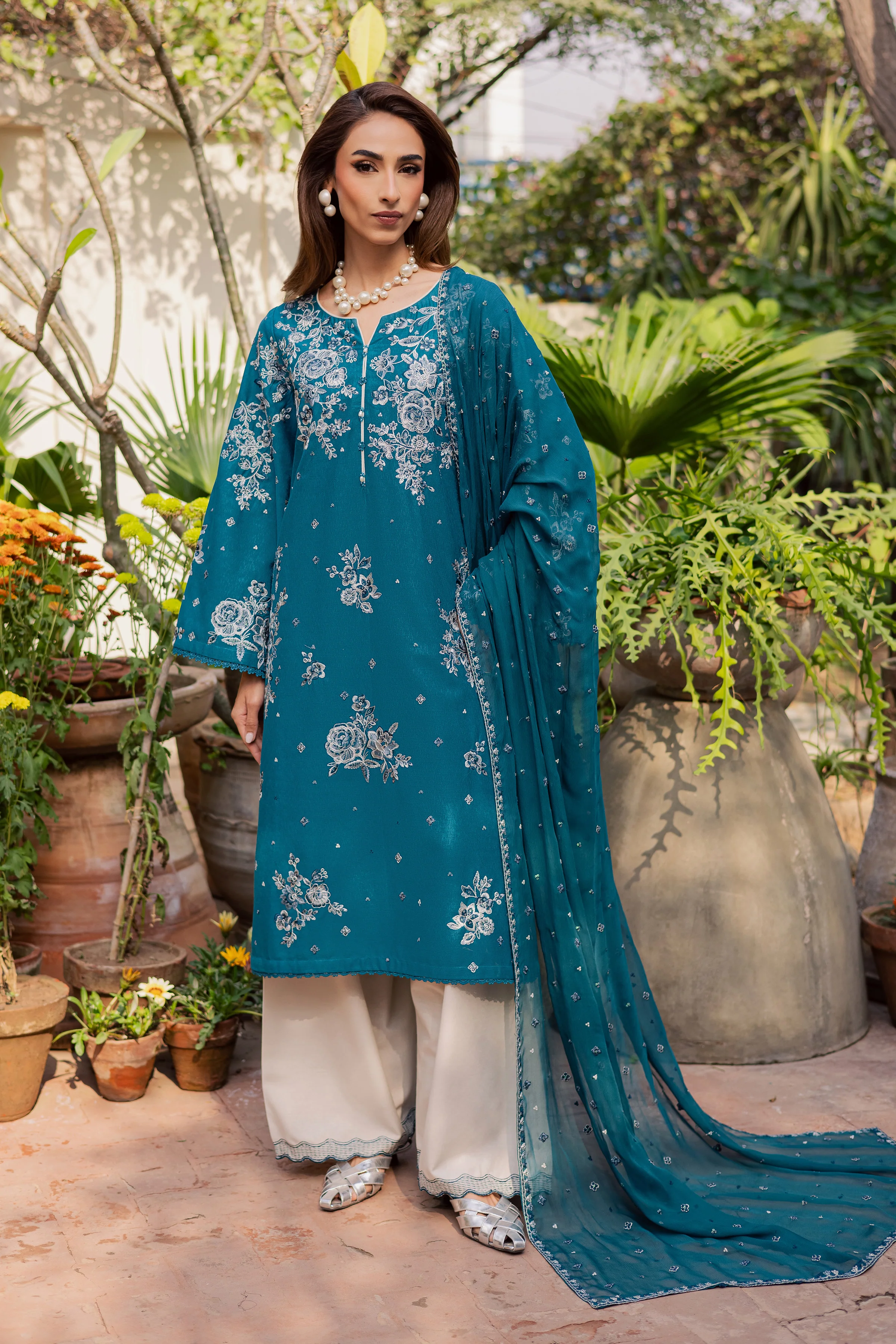 Teal Ocean 3Pc - Embroidered Festive Pret - Image 3