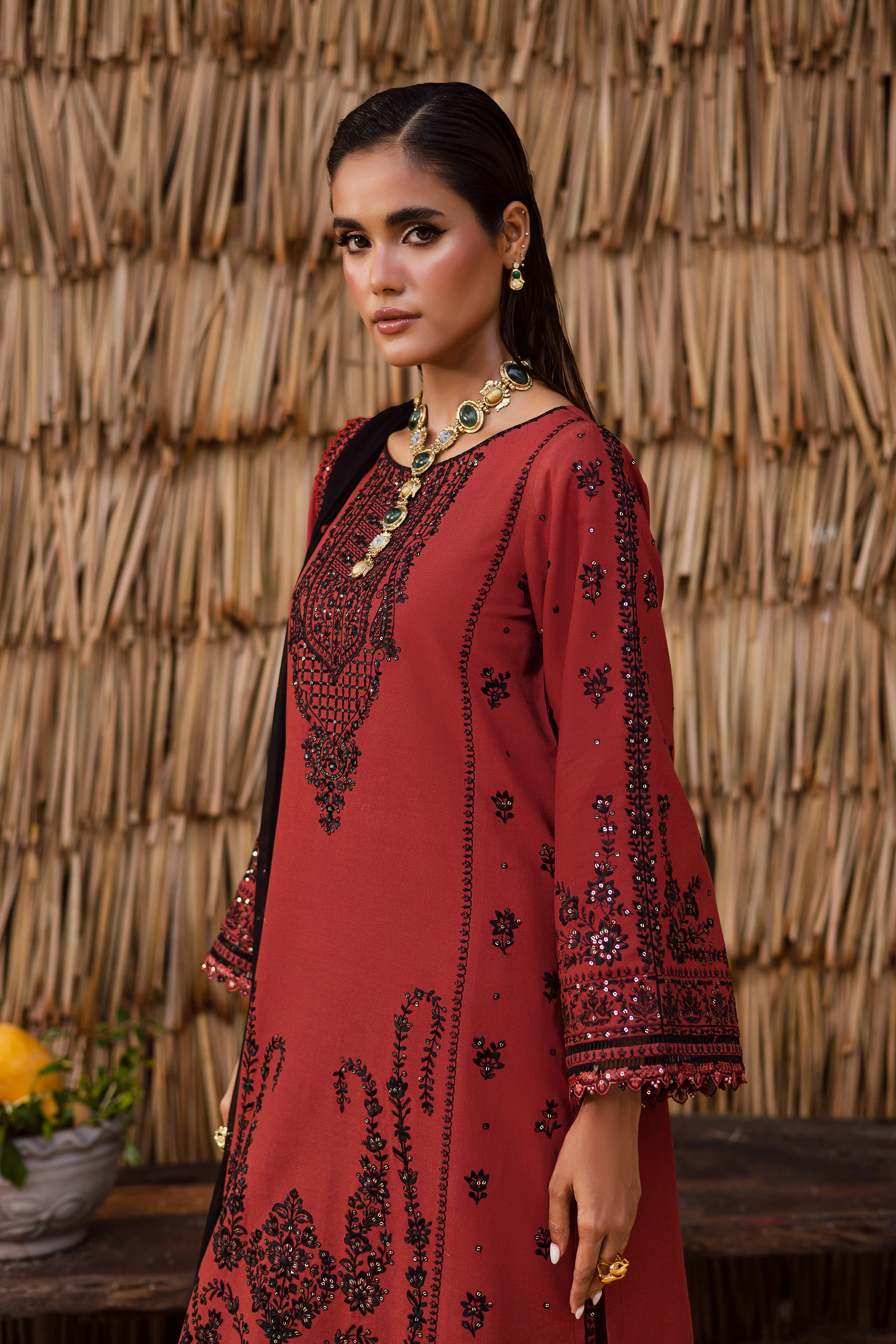 Terracotta 3Pc - Embroidered Khaddar Dress - Image 5